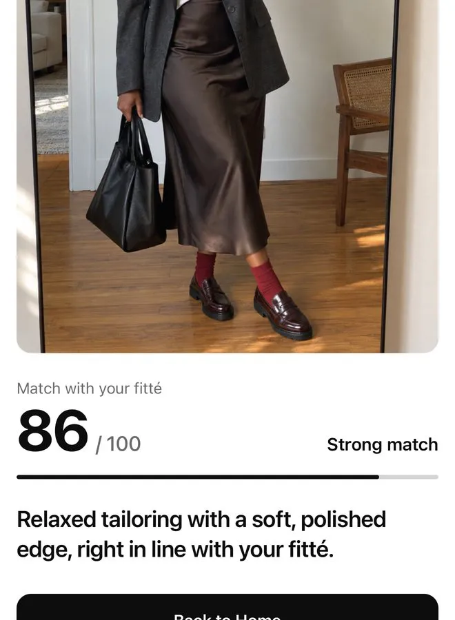 Example feedback on an outfit: 86 out of 100, a strong match