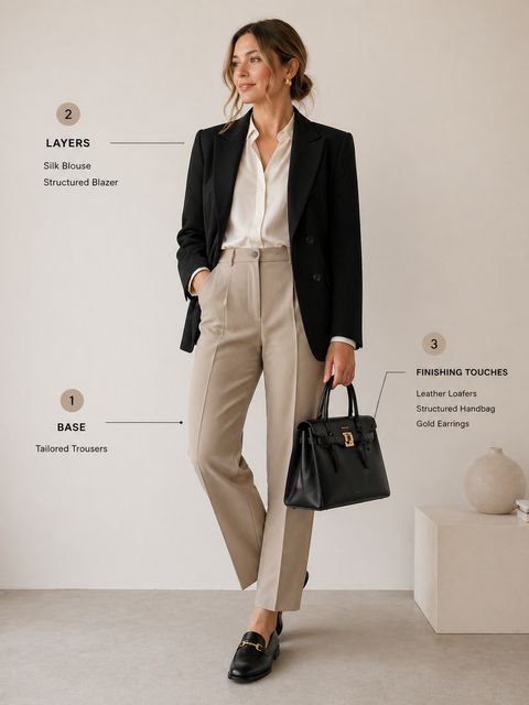 Workday outfit: tailored trousers, silk blouse, blazer, loafers