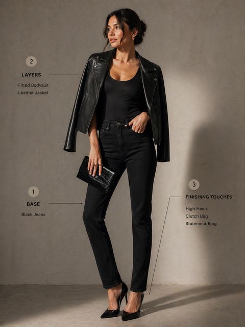 Night out outfit: black jeans, fitted bodysuit, leather jacket, heels
