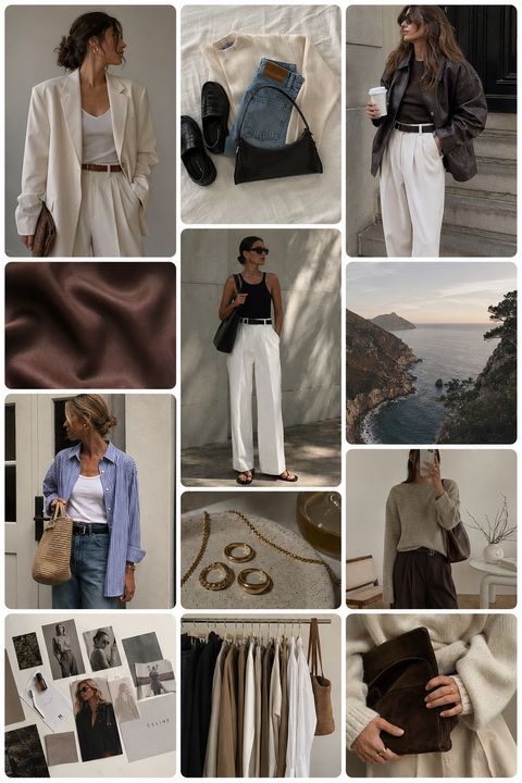 A dense grid of saved fashion inspiration images — varied outfits, textures, and muted tones — laid out side by side so a single visual style emerges from the collection.
